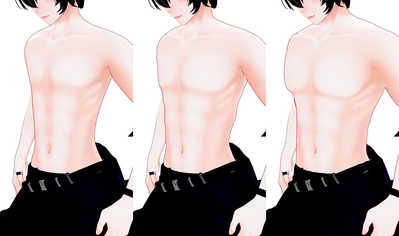 彼方の筋肉シェイプキー。左から0%、50%、100%。