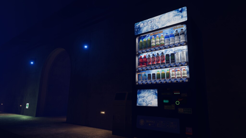 VRChat向け販売ワールド「SideRail」改変例。「Luminus Hotel」付属の自動販売機を設置。ソフトドリンクが購入できます。
