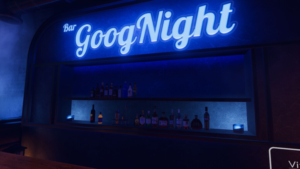 VRChat向け販売ワールド「SideRail」改変例。バーの名前は「GoodNight」。酒瓶も並べてみました。