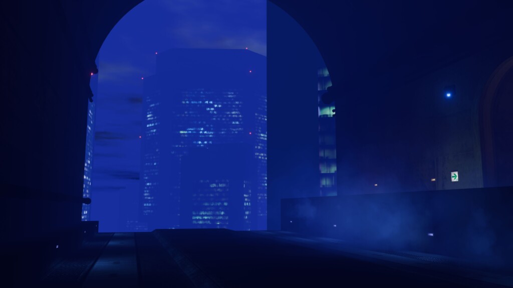VRChat向け販売ワールド「SideRail」改変例。高層ビル街が一望できます。