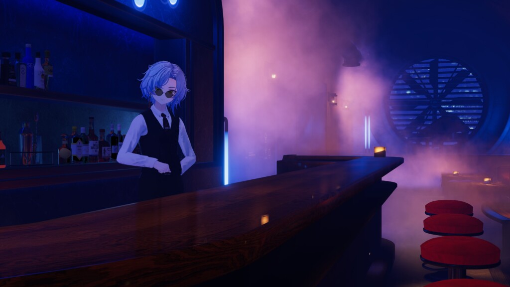 VRChat向け販売ワールド「SideRail」改変例にて、筆者もバーテン風に立ってみました。