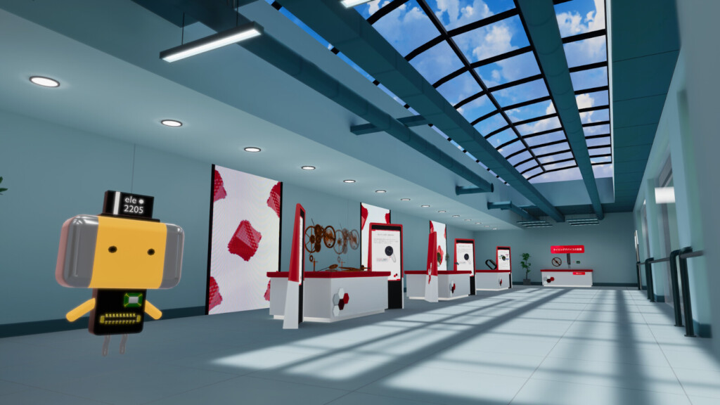 天窓のついた廊下にえれたんと展示が並ぶ