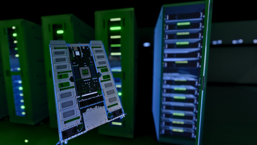 暗いデータセンター内でサーバーを引き抜く画像