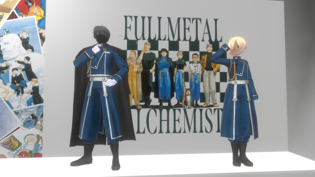鋼の錬金術師の展示作中に登場するアメストリス国軍の軍服衣装が展示されている背景にはイラストも掲載