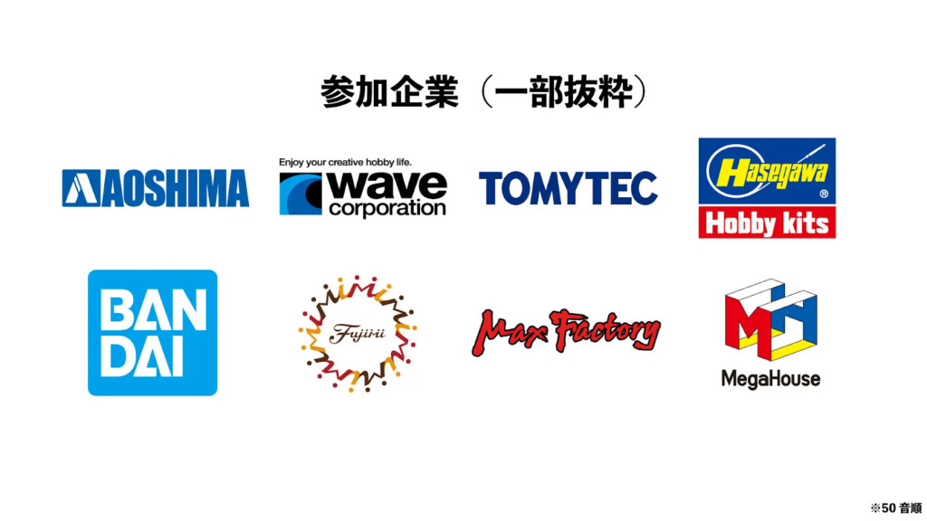 参加企業 一部抜粋アオシマウェイブトミーテックハセガワホビーキットバンダイスピリットフジミ模型マックスファクトリーメガハウス
