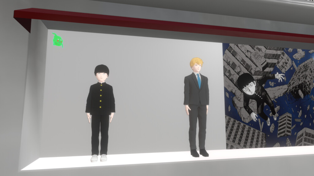 モブサイコ100の展示劇中に登場するモブや霊幻が展示されている