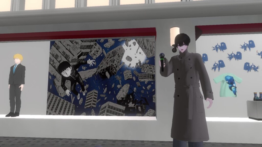 モブサイコ100の展示漫画で使用された扉絵が飾られている