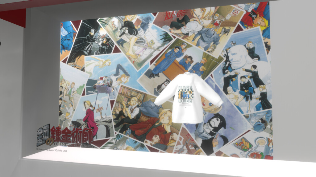 鋼の錬金術師の展示作中で使用されたイラストをコラージュしたシャツが展示されている