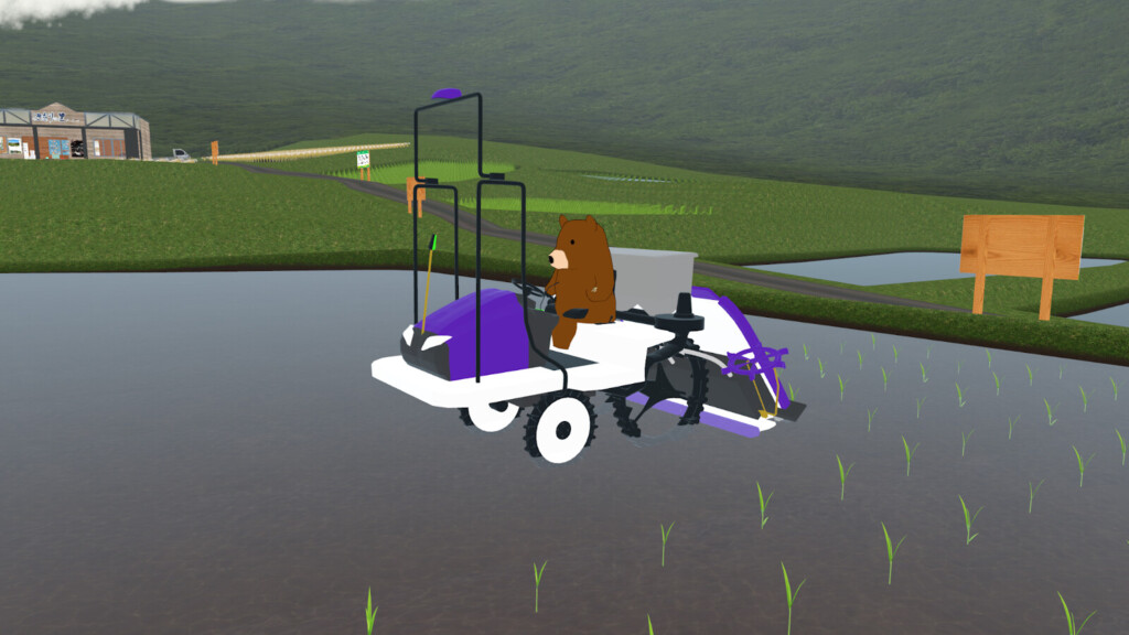 コンバインに乗って稲を植える筆者