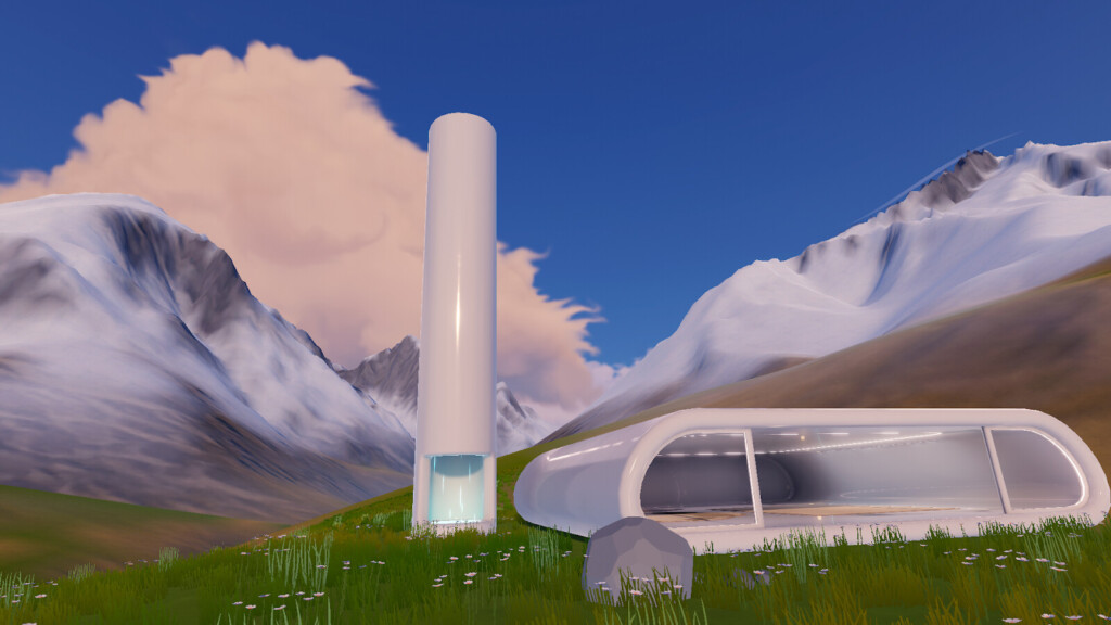 部屋の横にある白色の高い発射台の写真