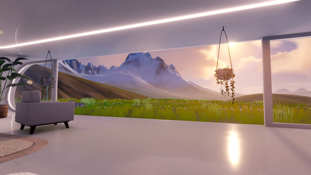 部屋に空いた大きな空間から山や草原の景色が見える写真