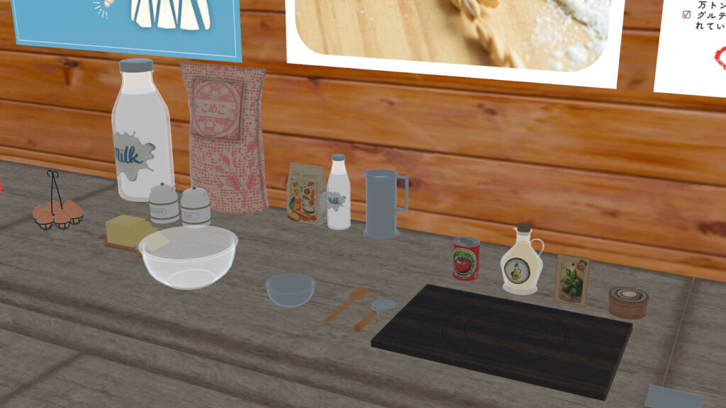 米粉を使って調理ができる展示米粉や牛乳などの材料と調理器具が並ぶ