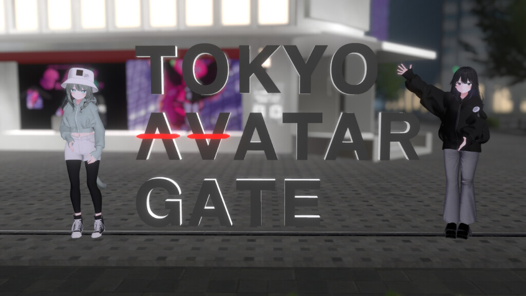 VRChat上のTOKYO AVATAR GATEのロゴの両端でそれぞれポーズをとる運営の2名