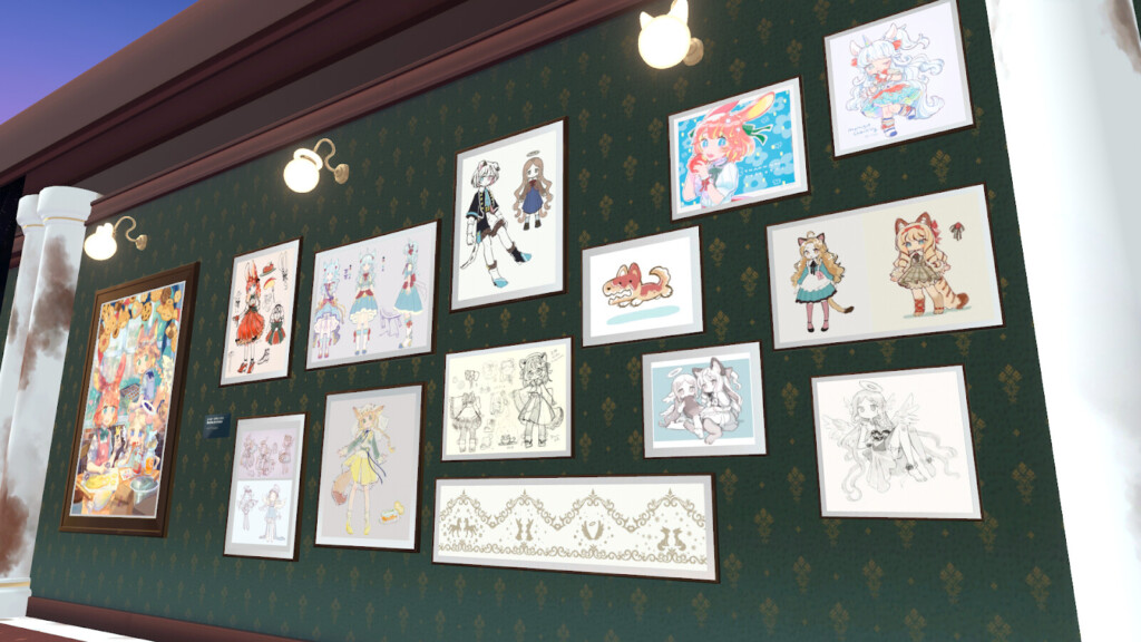 スコフィのラフ案を始めとした1058martアバターたちの原案画像が展示されている