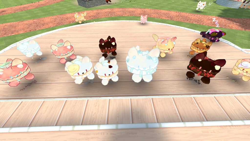 スイーツを上げて懐いたスコフィたちの写真