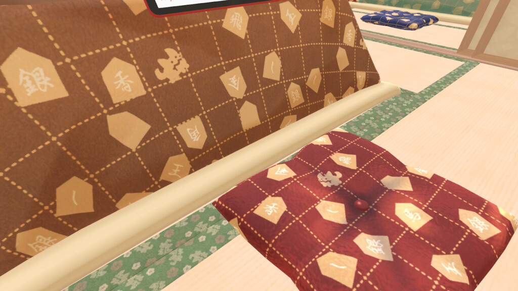 こたつの布団や座布団、畳の縁もスコフィ柄になっている