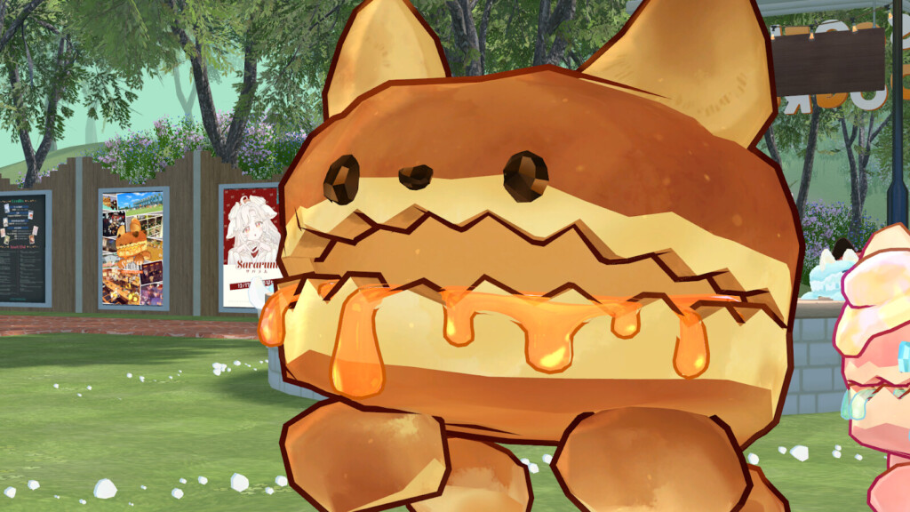 スコフィが大きく口を開けているところ口からはたくさんのメープルシロップがこぼれている