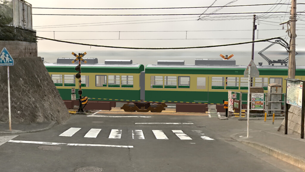 ワールド内の踏切前の画像某バスケアニメのワンシーンと同じアングルで電車が通っているところ
