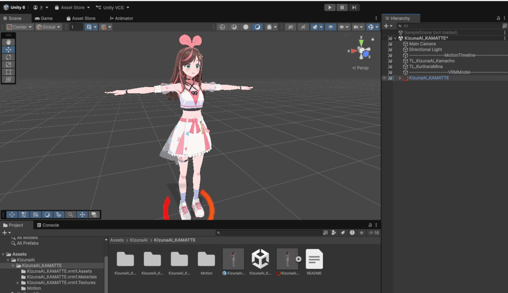 Unityにキズナアイの3Dモデルをインポートさせた画面の写真Tポーズしたアイちゃんがいる
