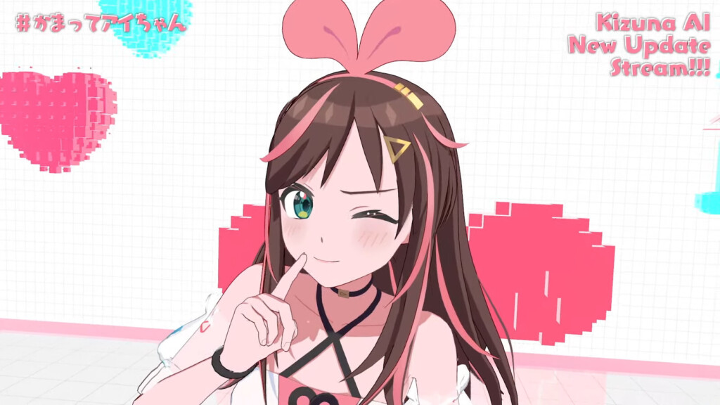 キズナアイ新ビジュアルお披露目配信時の画像ウインクして人差し指を口元に当てたキュートなポーズをしている